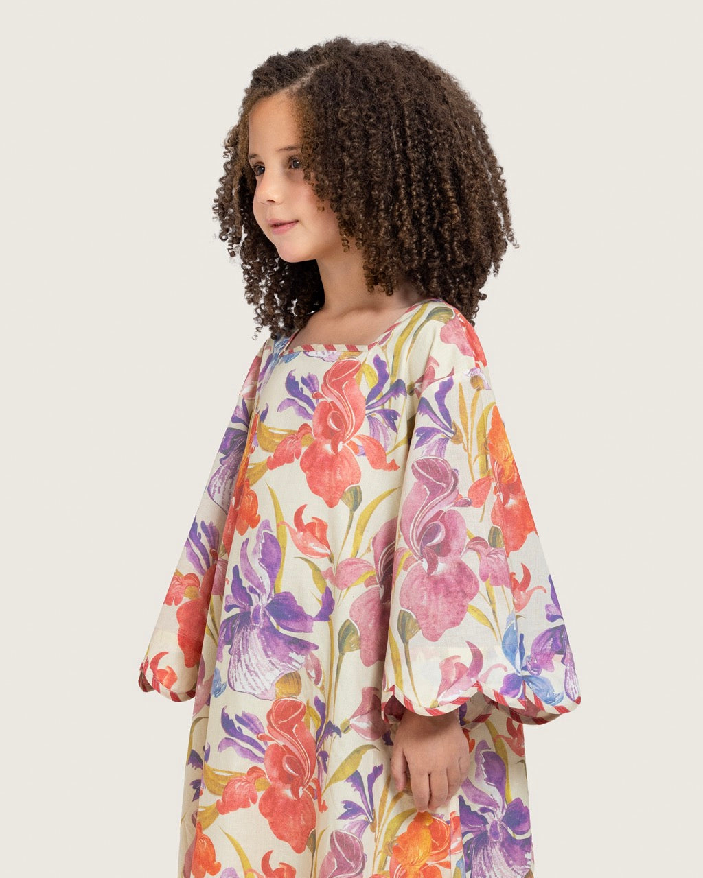 Printed Cotton Kids Dress with Relaxed Fit and Scalloped Edges - Peach