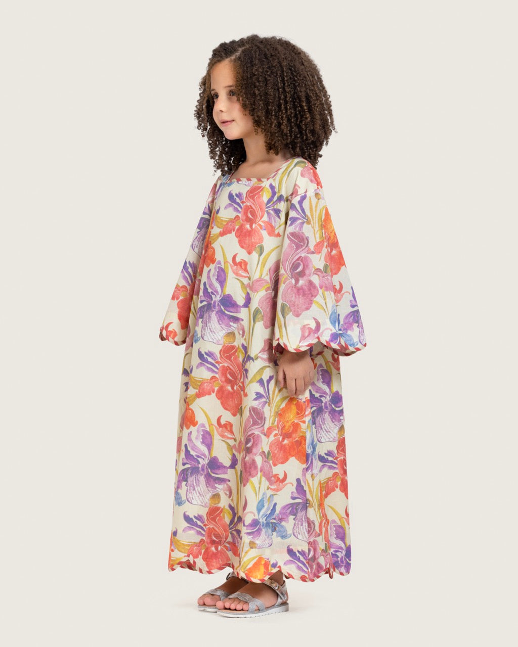 Printed Cotton Kids Dress with Relaxed Fit and Scalloped Edges - Peach