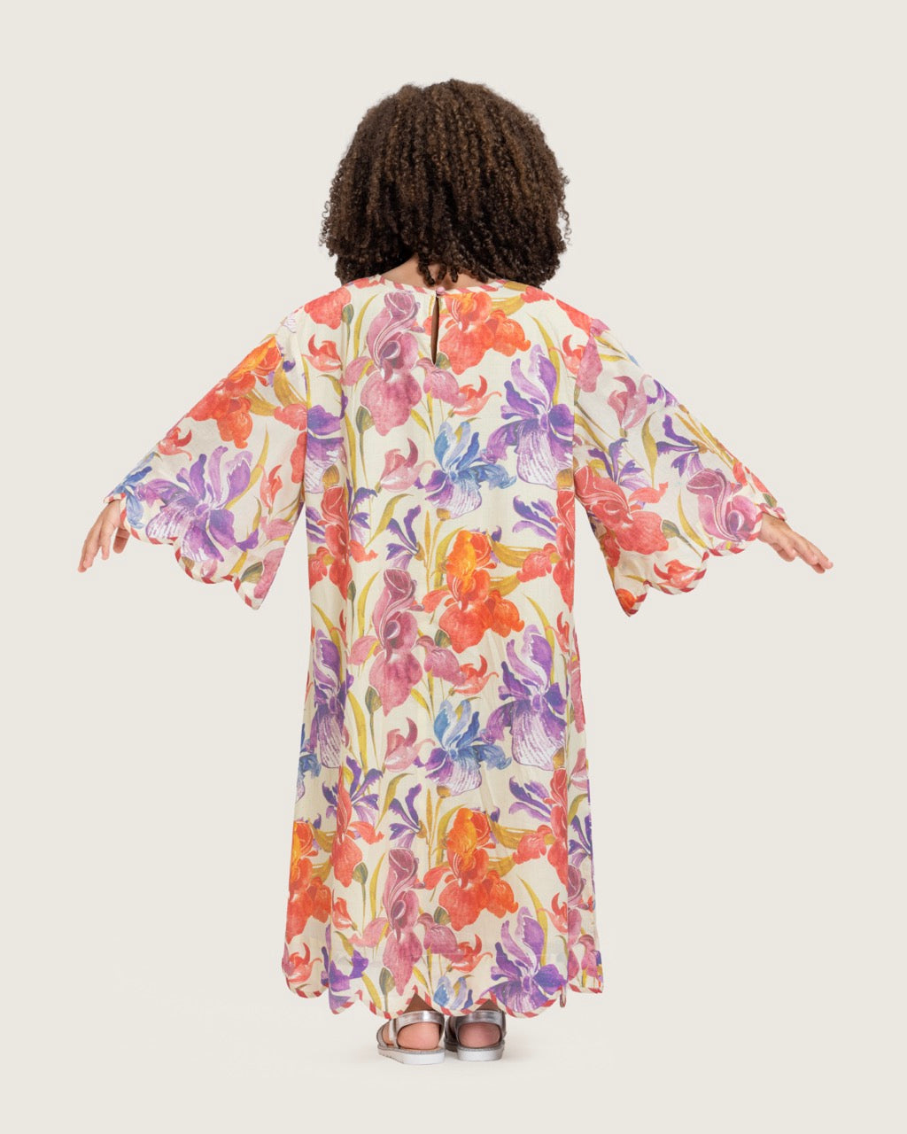 Printed Cotton Kids Dress with Relaxed Fit and Scalloped Edges - Peach