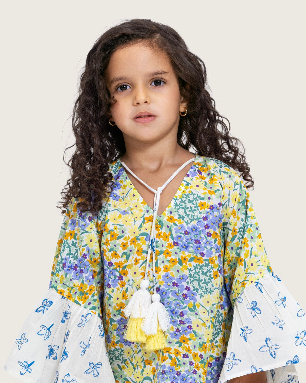 Girls Printed Kaftan with Flowy Silhouette and Sleeves - Pastels