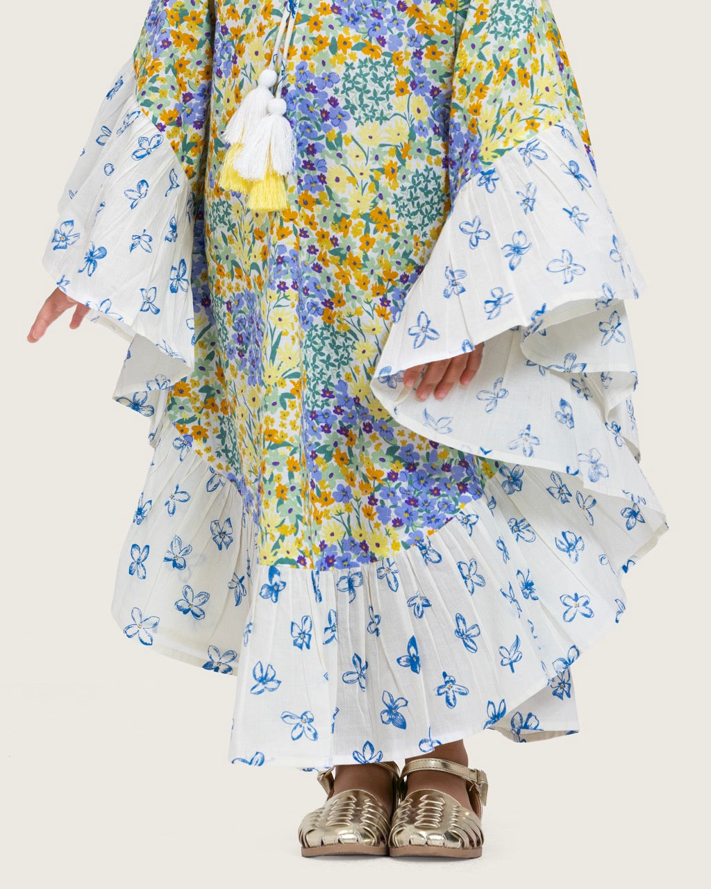 Girls Printed Kaftan with Flowy Silhouette and Sleeves - Pastels