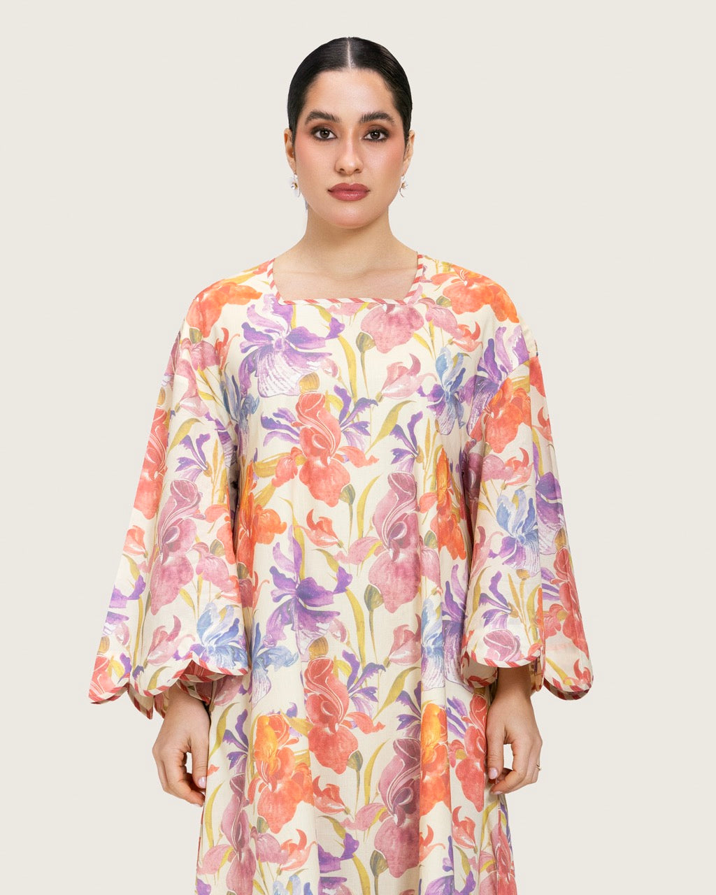 Peach Floral Maxi Dress with Square Neckline