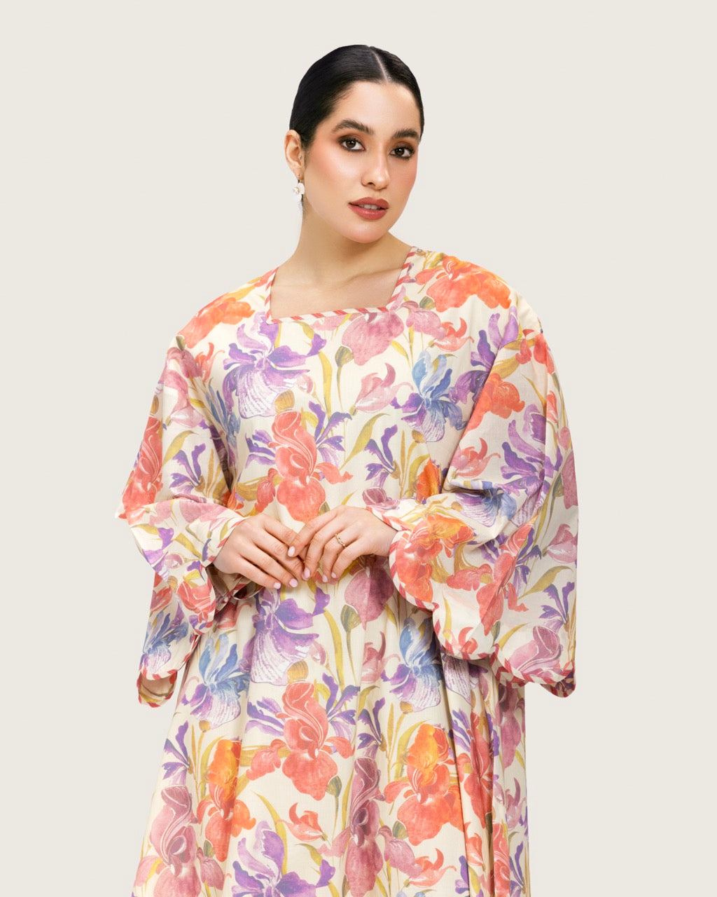 Peach Floral Maxi Dress with Square Neckline