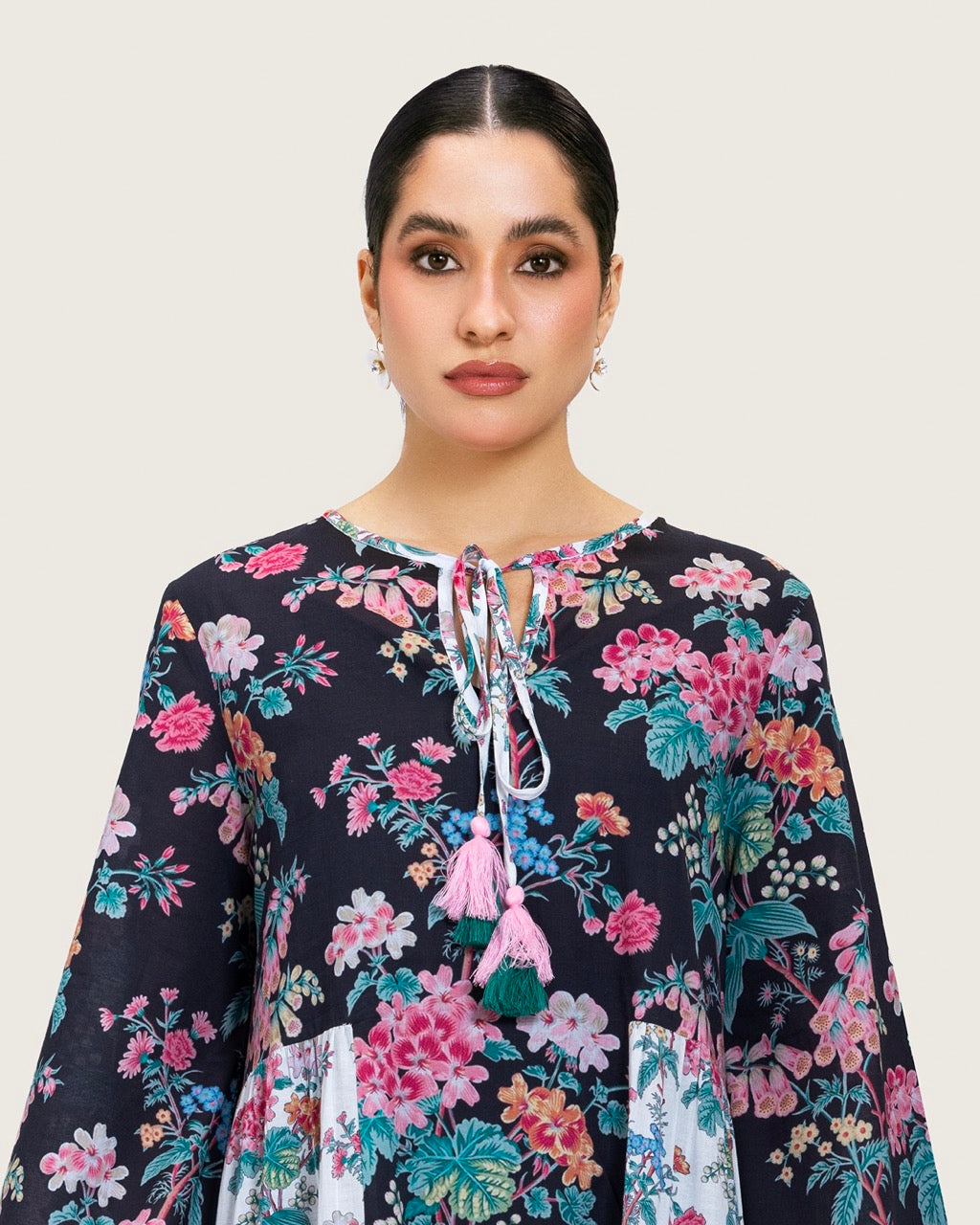 Loose Floral Cotton Dress with Tassels