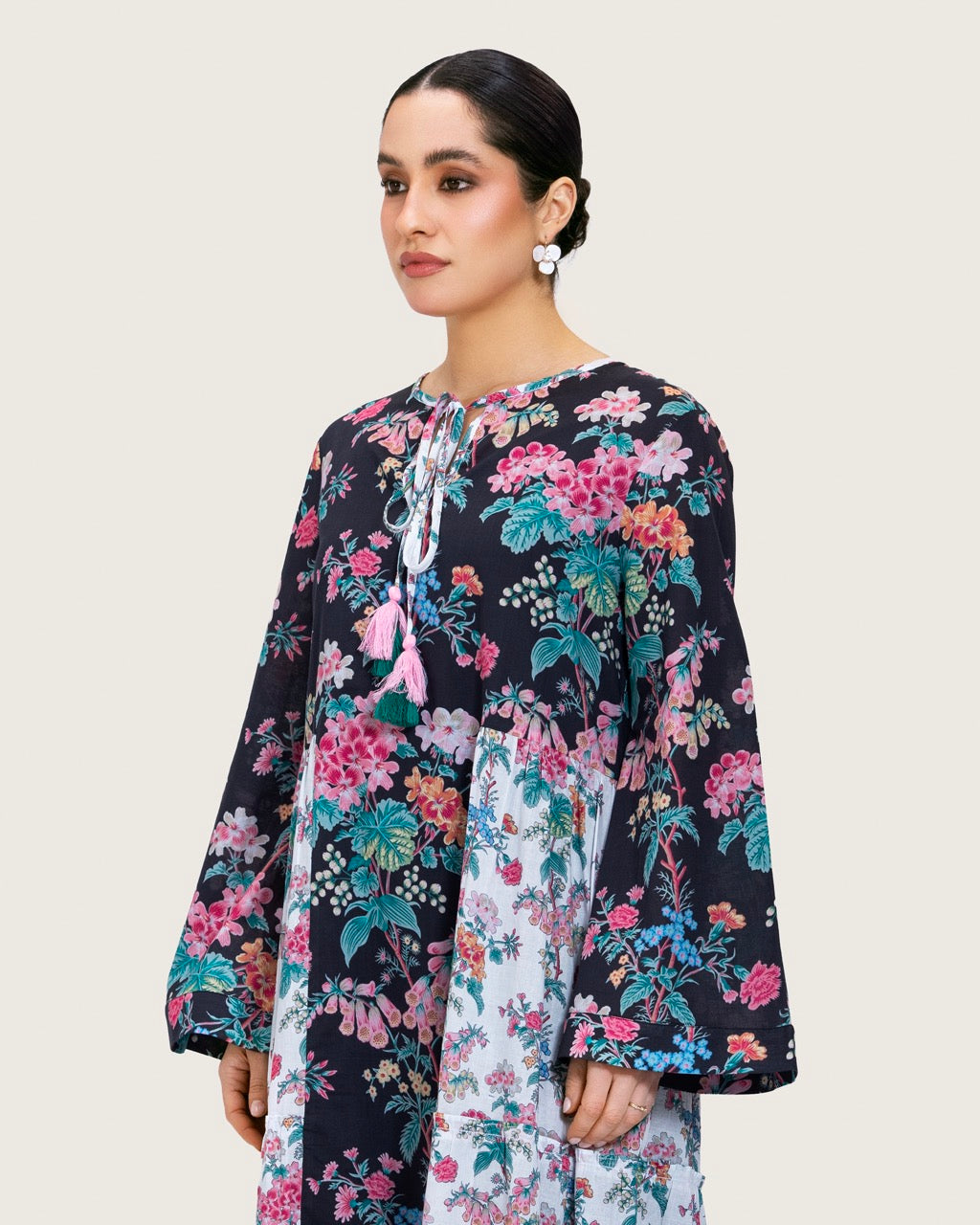 Loose Floral Cotton Dress with Tassels