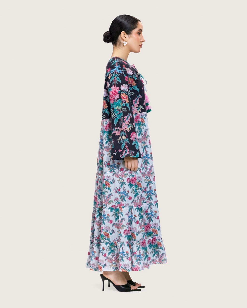 Loose Floral Cotton Dress with Tassels