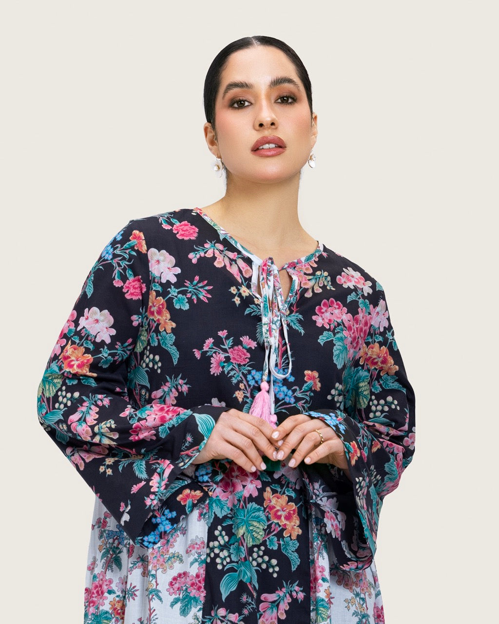 Loose Floral Cotton Dress with Tassels