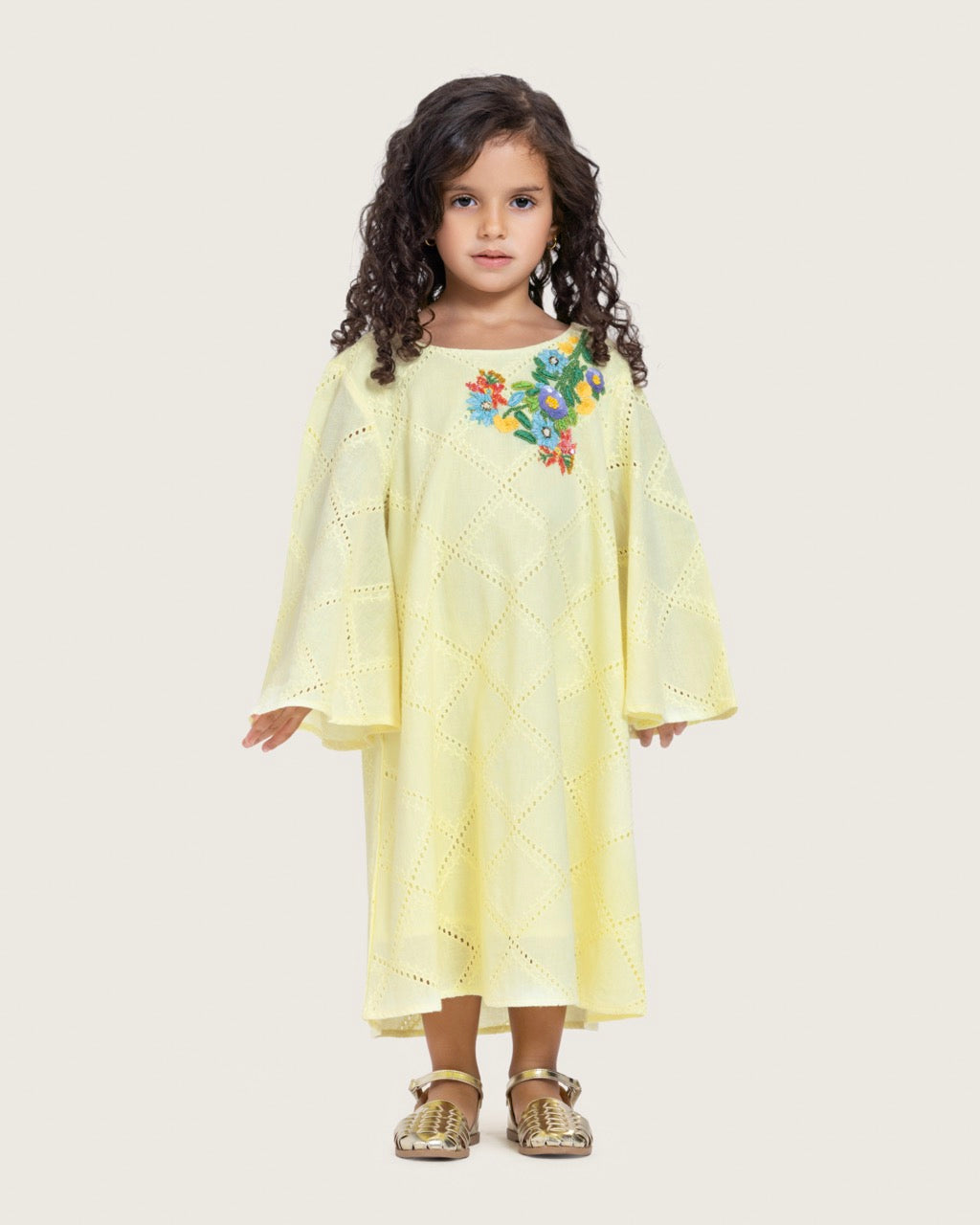 Loose Eyelet Cotton Kids Dress with Handmade Beaded & Sequin Embellishments