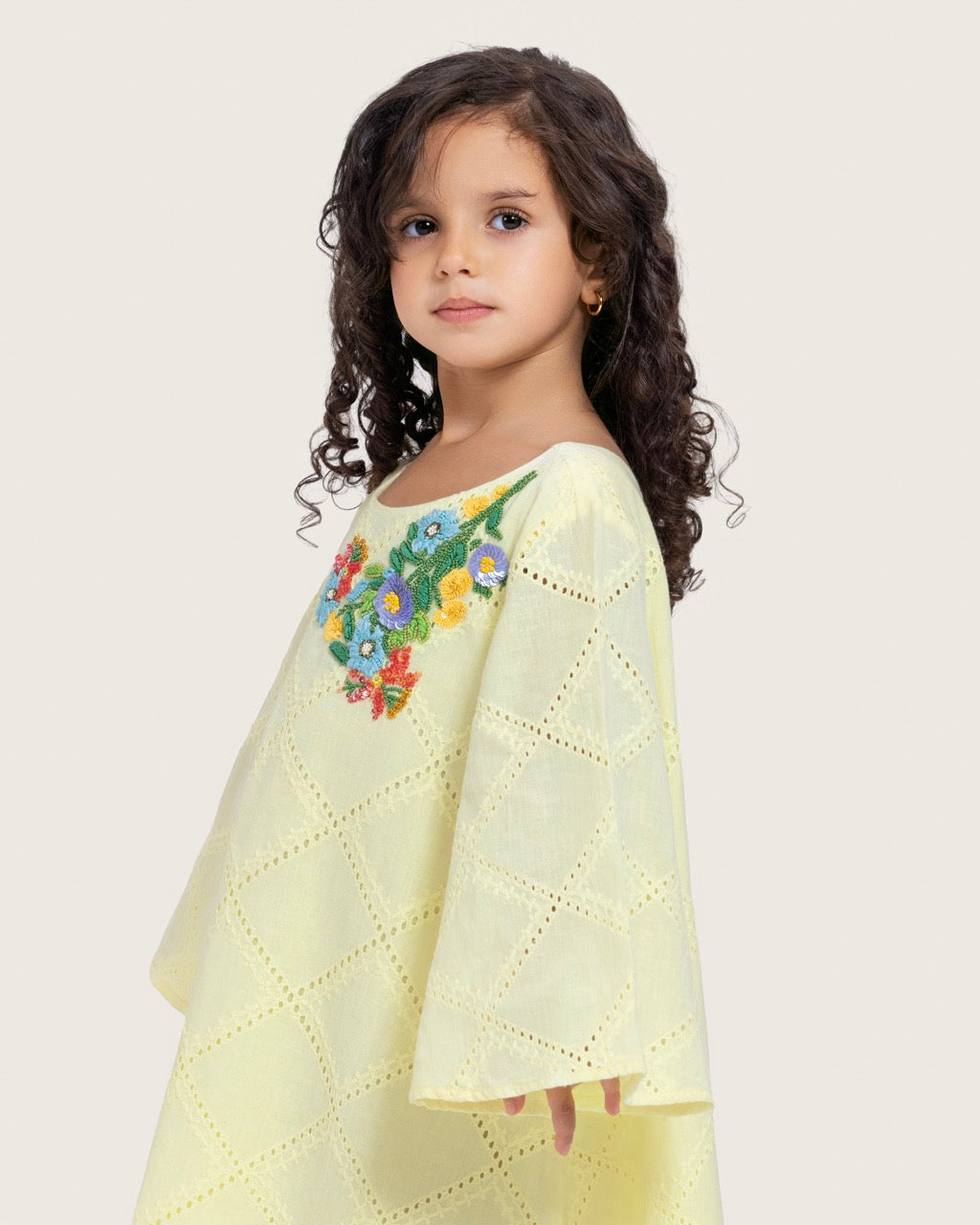 Loose Eyelet Cotton Kids Dress with Handmade Beaded & Sequin Embellishments