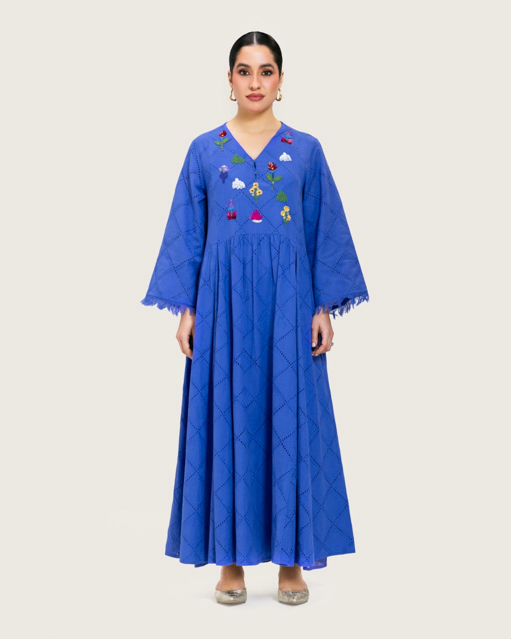 Eyelet Cotton A-Line Dress with Handmade Beaded & Sequin Details