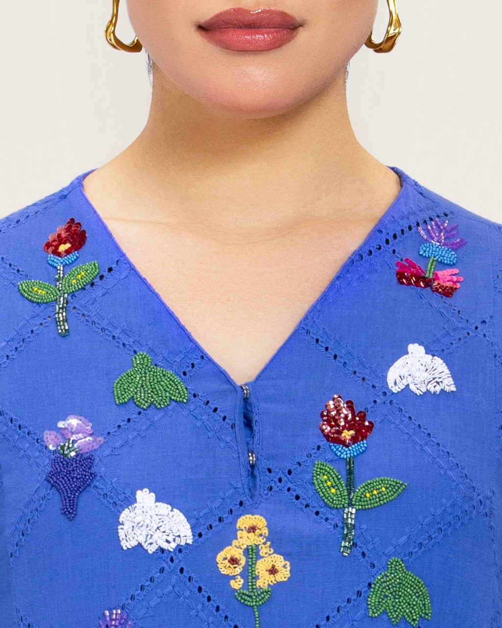 Eyelet Cotton A-Line Dress with Handmade Beaded & Sequin Details