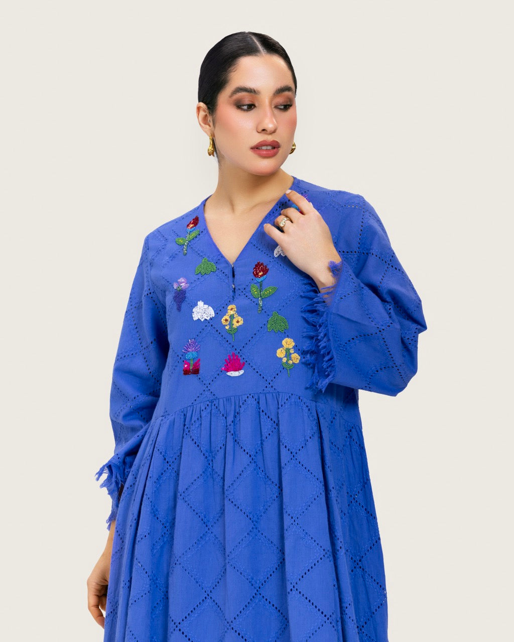 Eyelet Cotton A-Line Dress with Handmade Beaded & Sequin Details