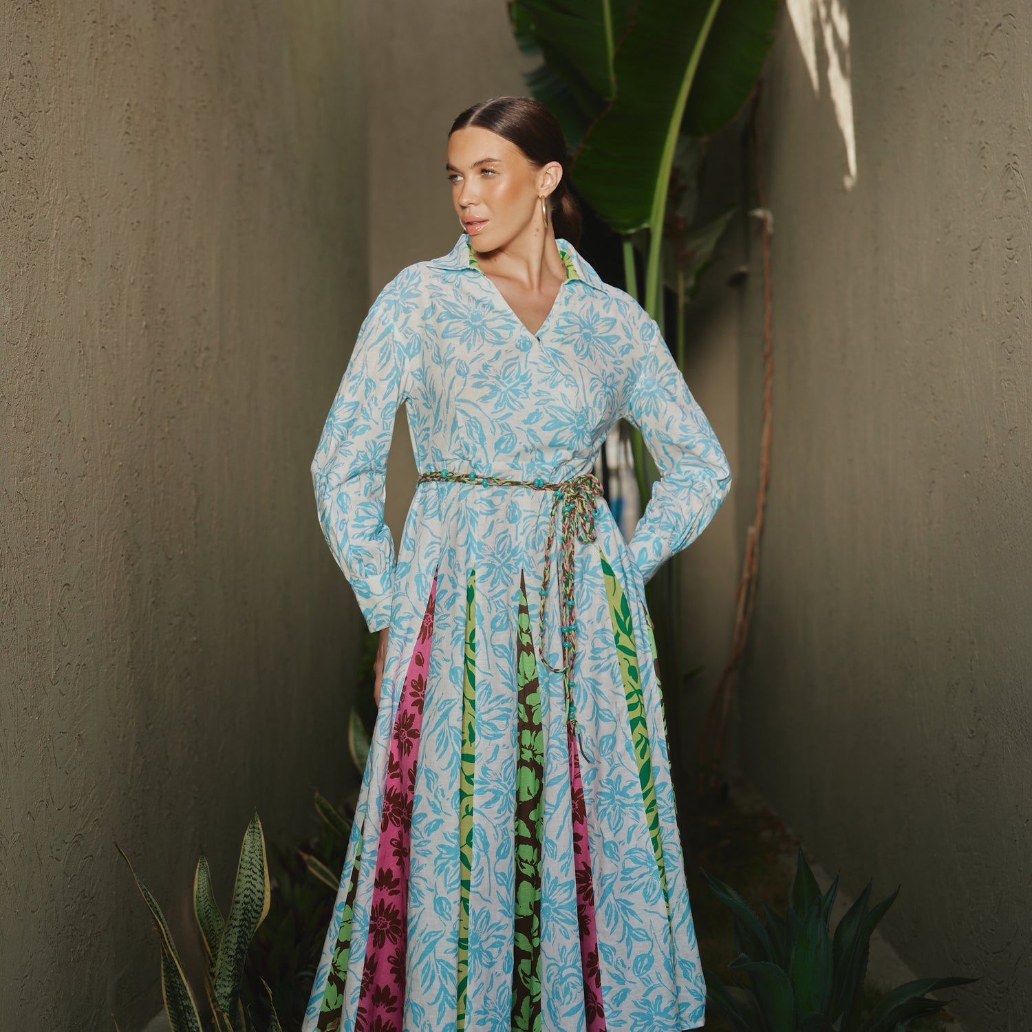 ًWhite And Blue Multiprinted Linen Shirt Dress