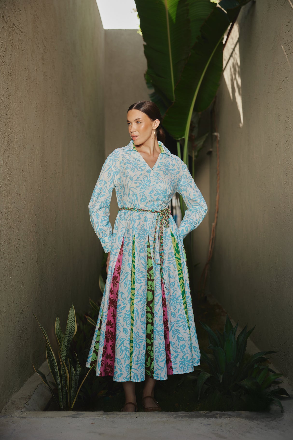 ًWhite And Blue Multiprinted Linen Shirt Dress