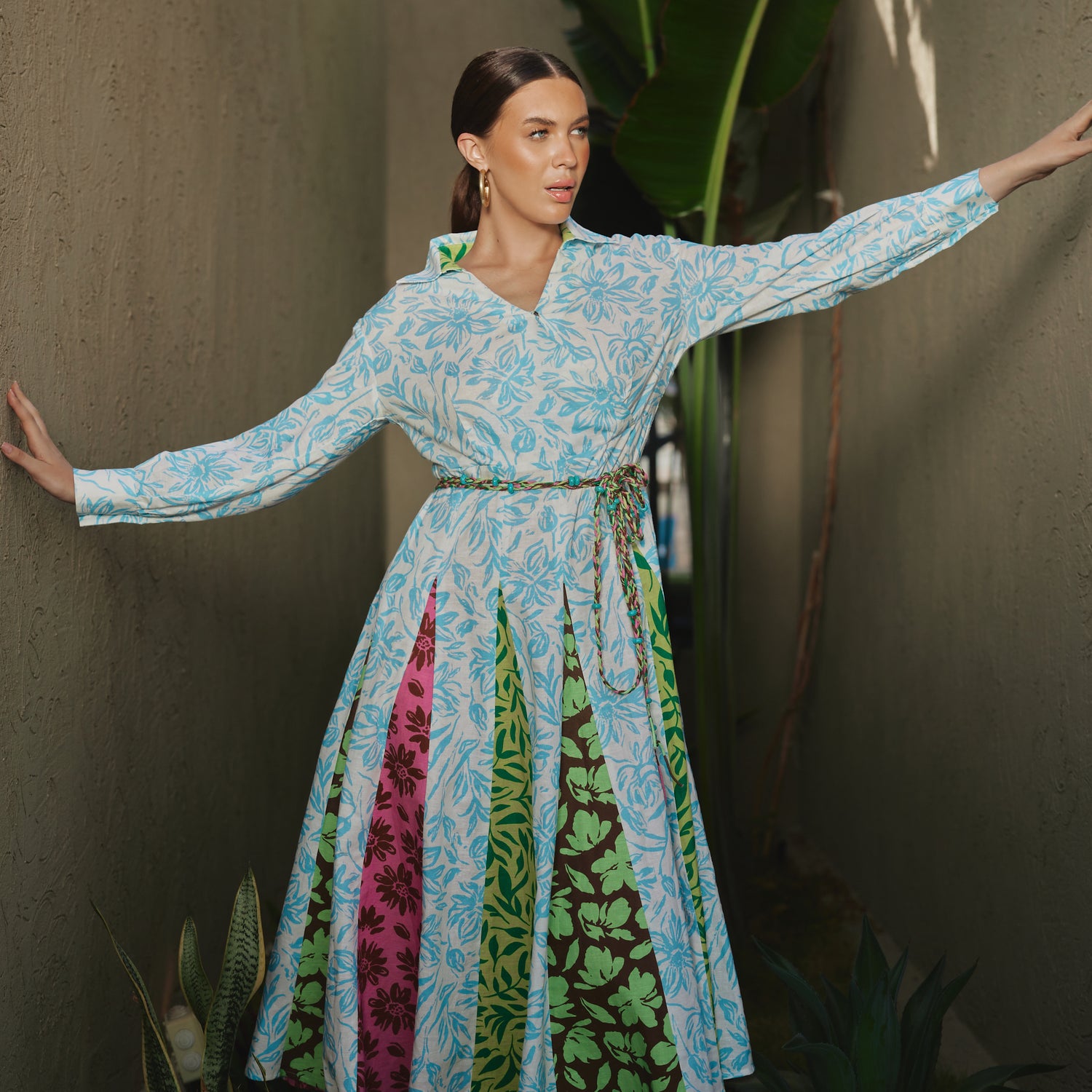 ًWhite And Blue Multiprinted Linen Shirt Dress