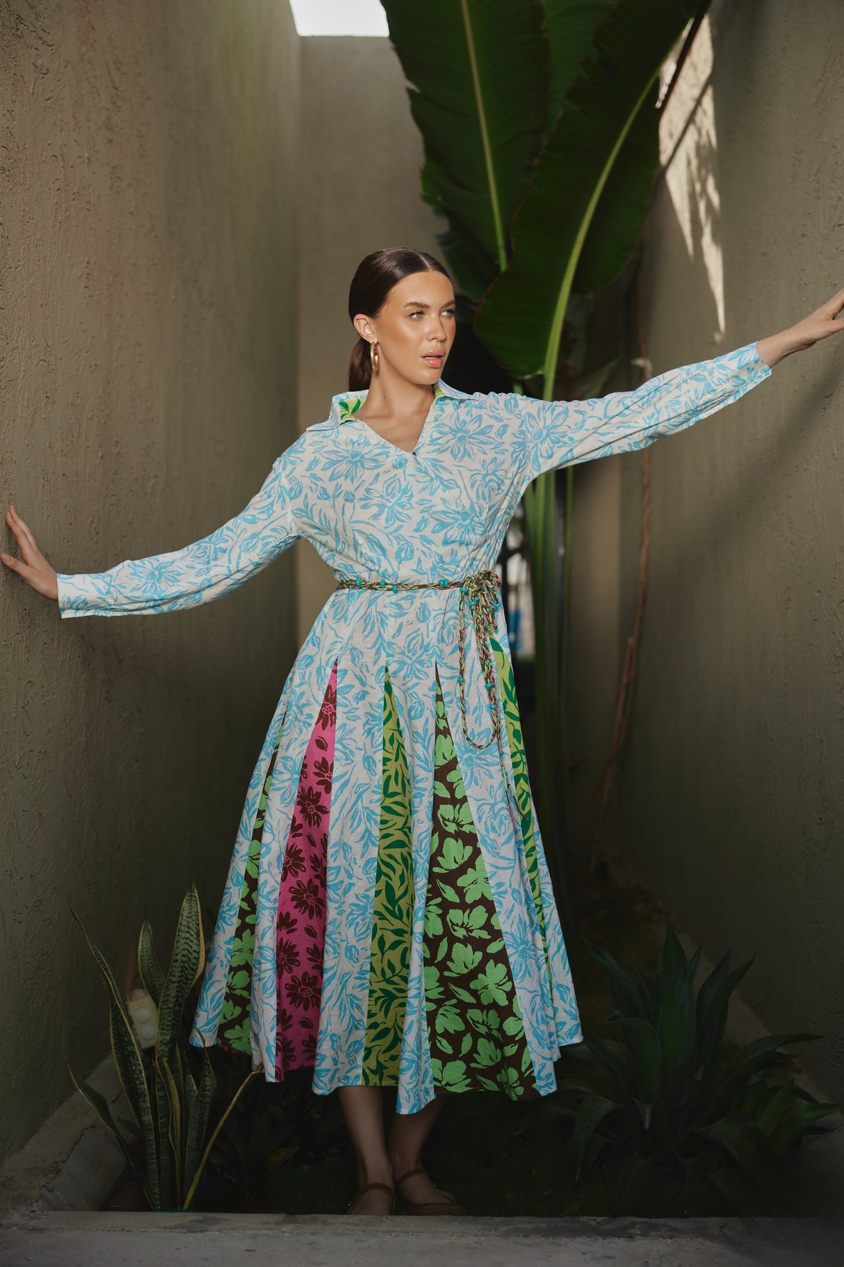 ًWhite And Blue Multiprinted Linen Shirt Dress