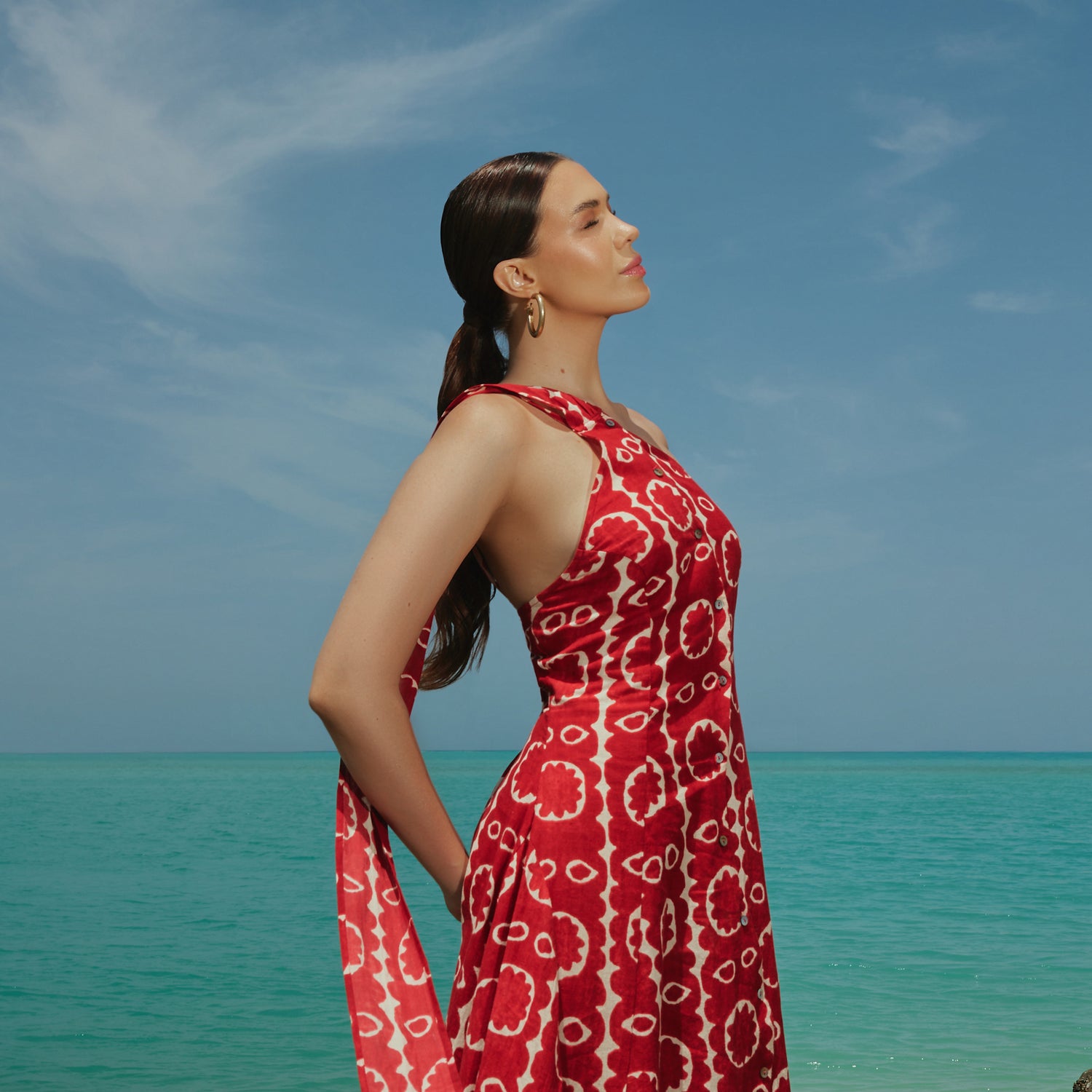Red Printed Asymmetrical Linen Dress