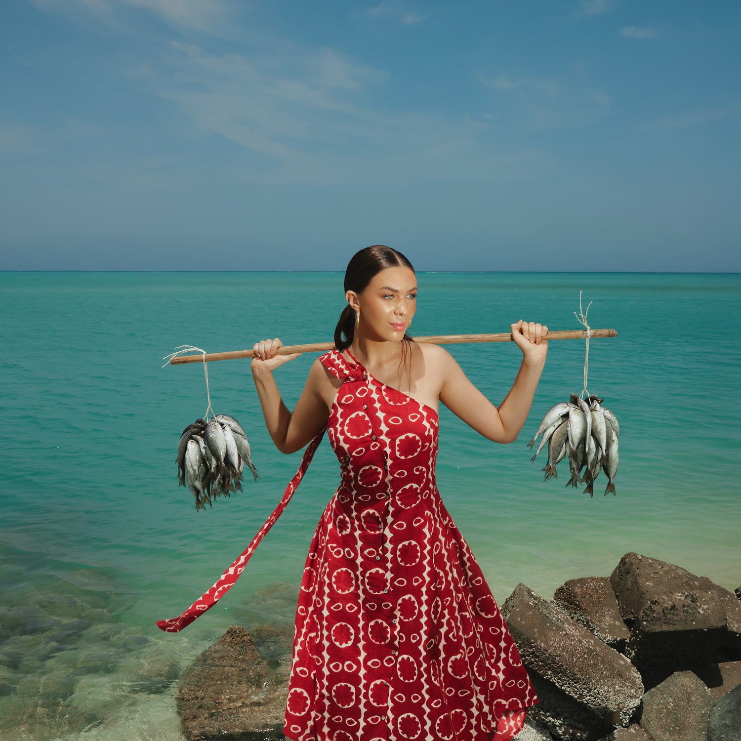 Red Printed Asymmetrical Linen Dress