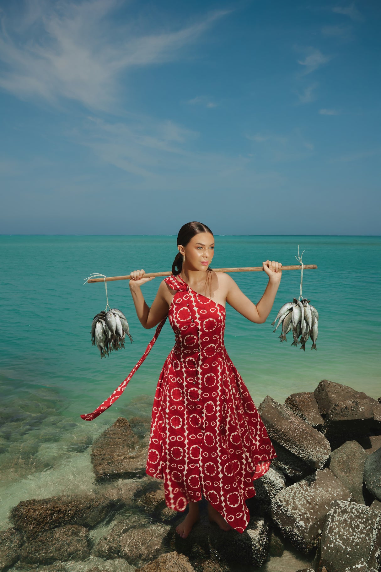 Red Printed Asymmetrical Linen Dress