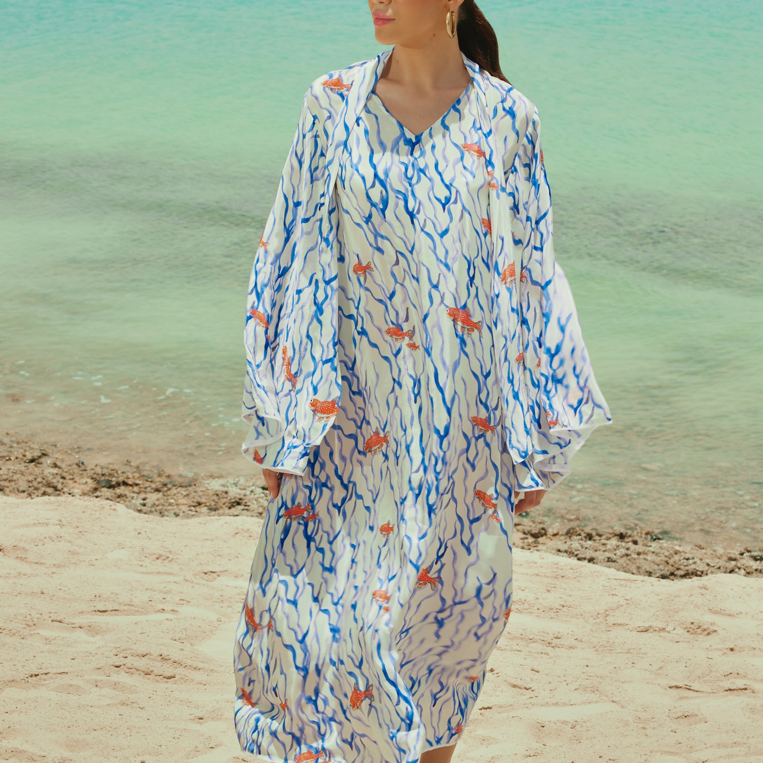 White And blue The Red Sea Breeze: Fish Motif Kaftan