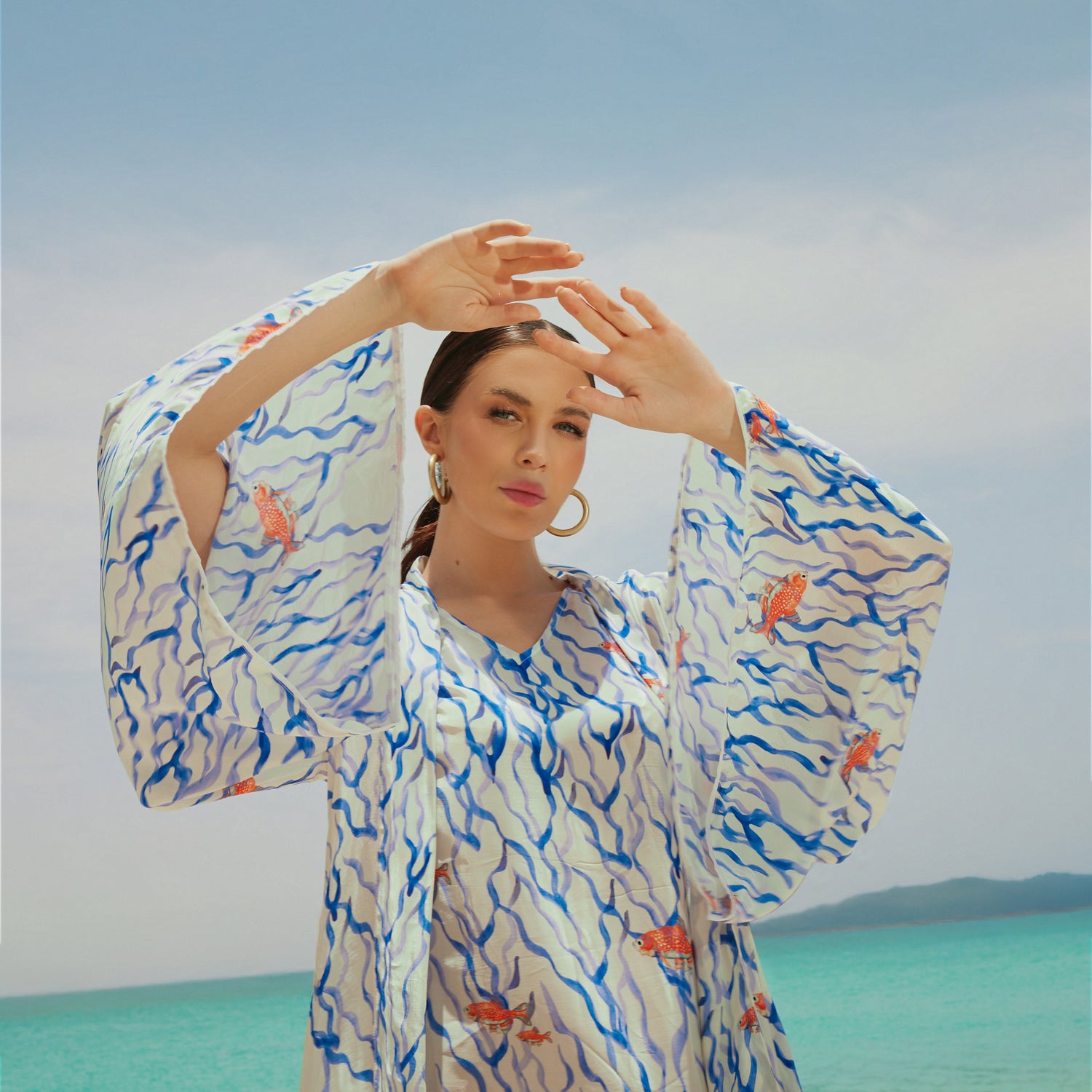 White And blue The Red Sea Breeze: Fish Motif Kaftan