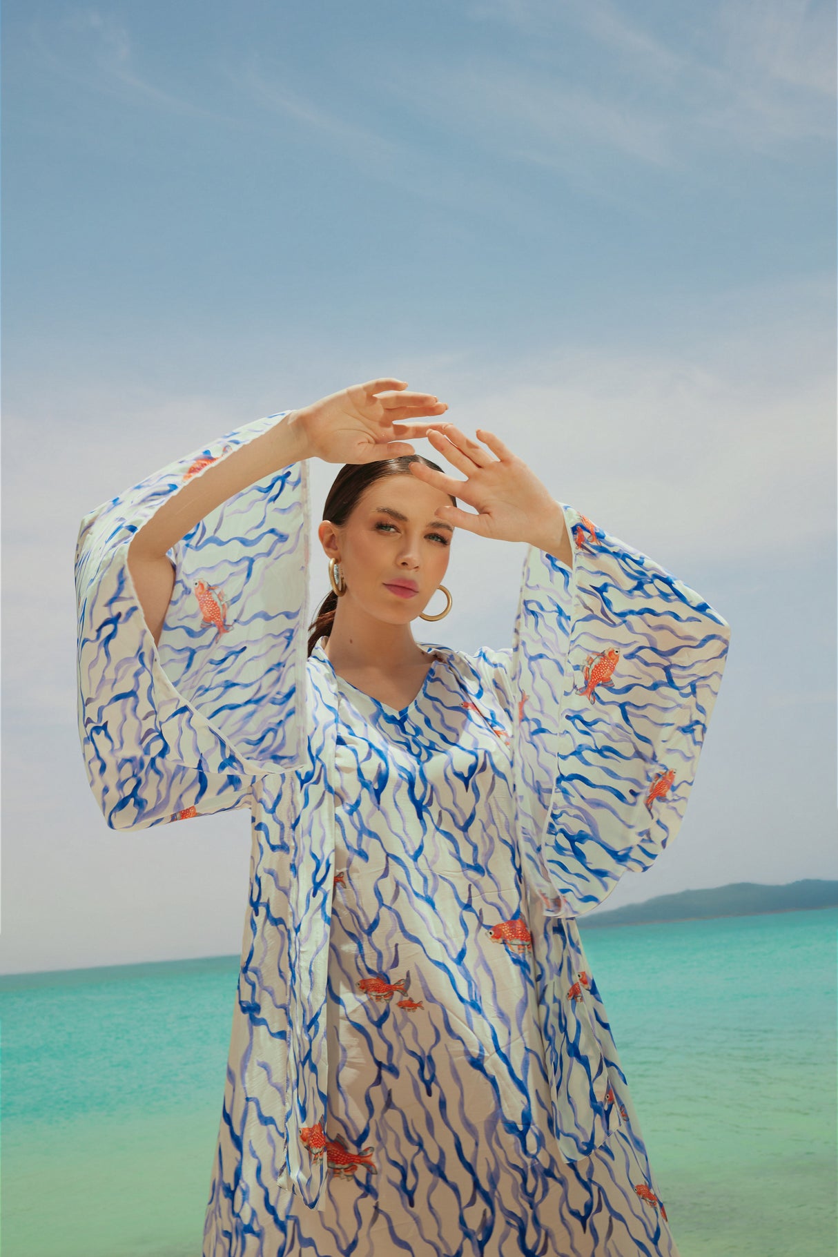 White And blue The Red Sea Breeze: Fish Motif Kaftan