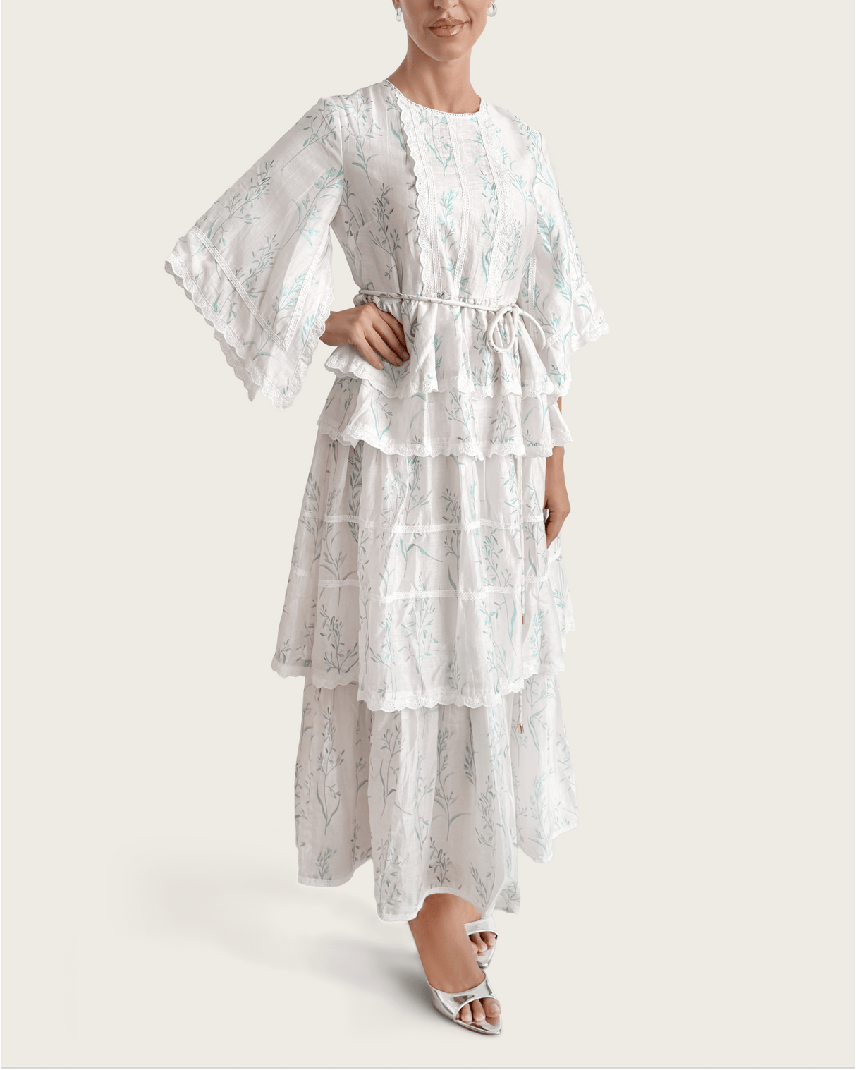 Aqua Bloom Tiered Lace Trim Maxi Dress - Noētic