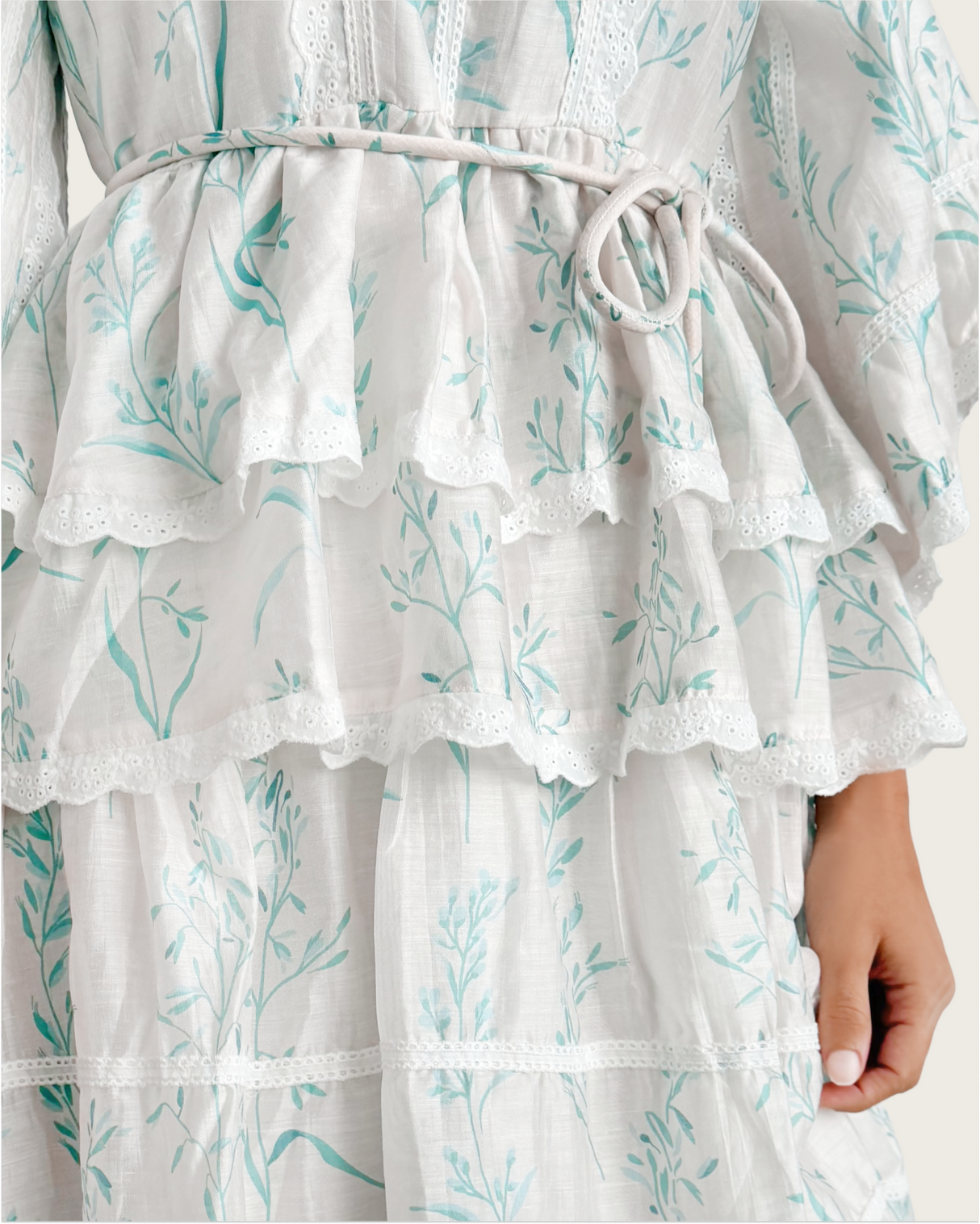 Aqua Bloom Tiered Lace Trim Maxi Dress