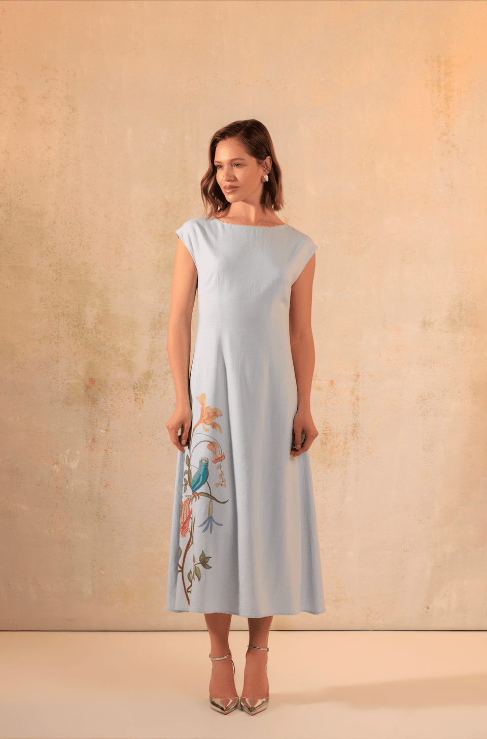 Baby Blue Linen Midi Dress with Floral Placement Print - Noētic