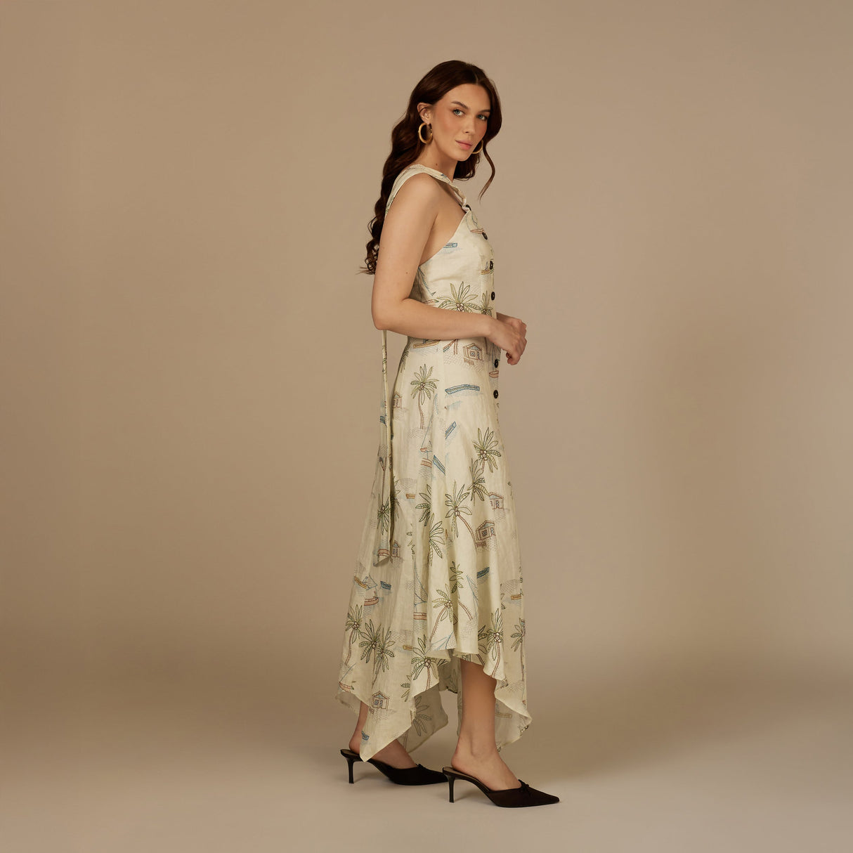 Beige Coastal Printed Linen Dress - Noētic
