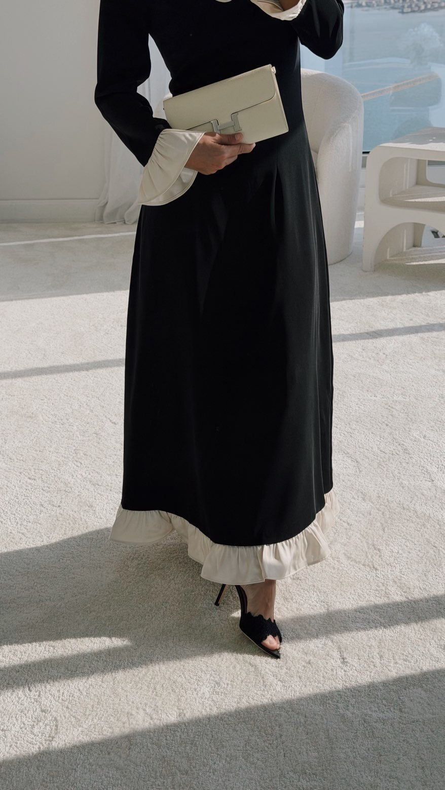 Black Contrast Ruffle Maxi Dress with Ivory Trim - Noētic