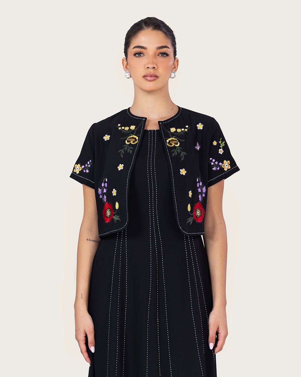 Black Embroidered Ankle Length Dress with Cropped Jacket - Noētic