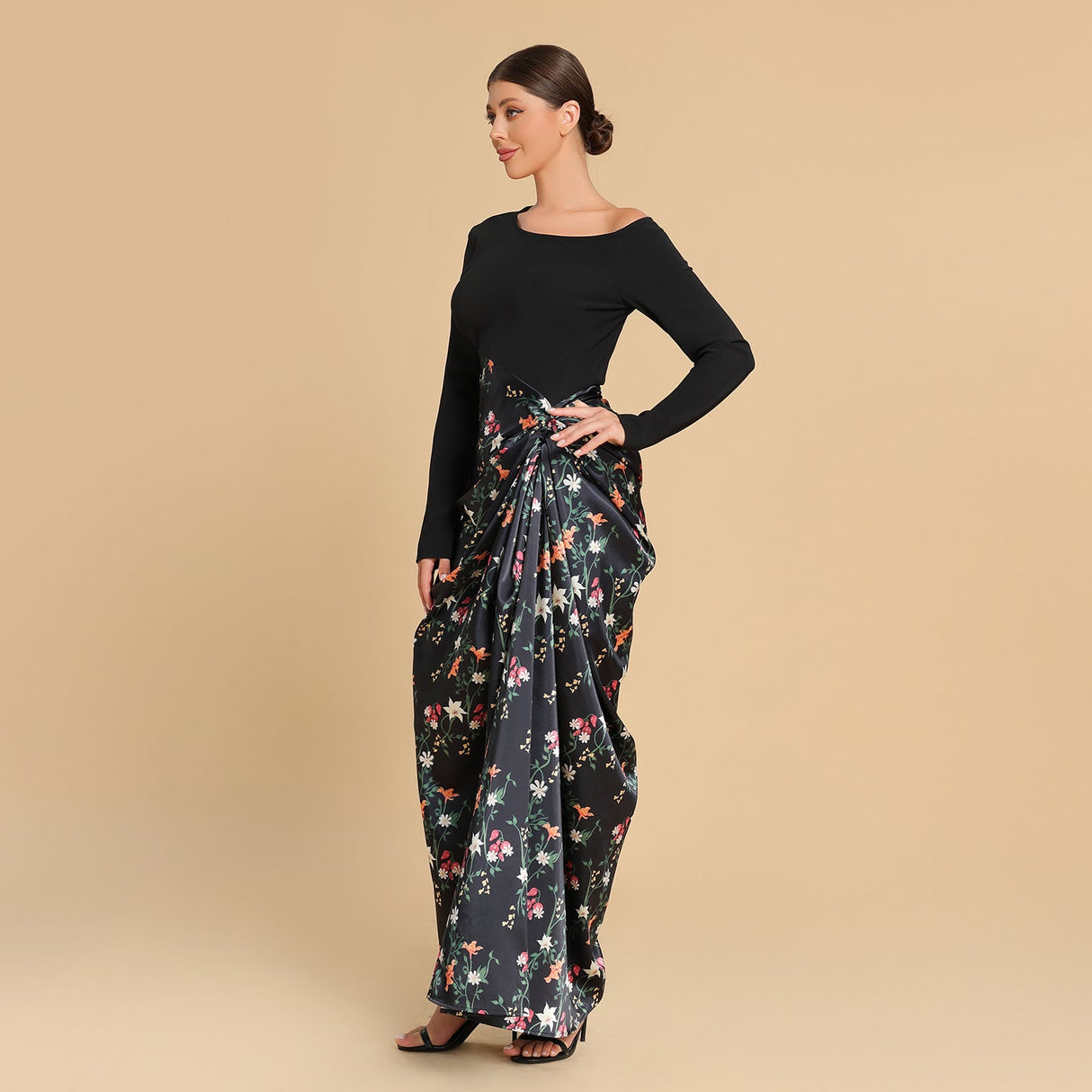 Black Floral Draped Skirt dress - Noētic