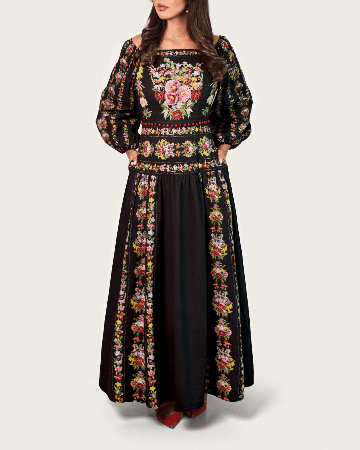 Black Floral Linen Dress with Hand-Beaded Waist - Noētic