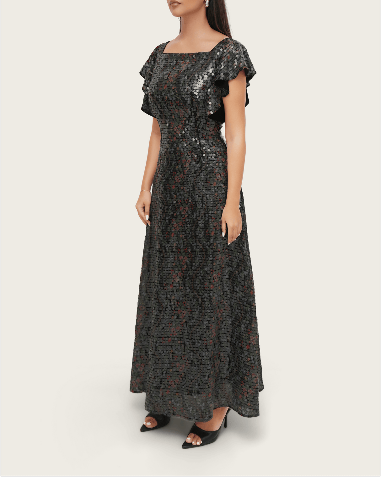 Black Floral Sequin Maxi Dress with Flutter Sleeves - Noētic