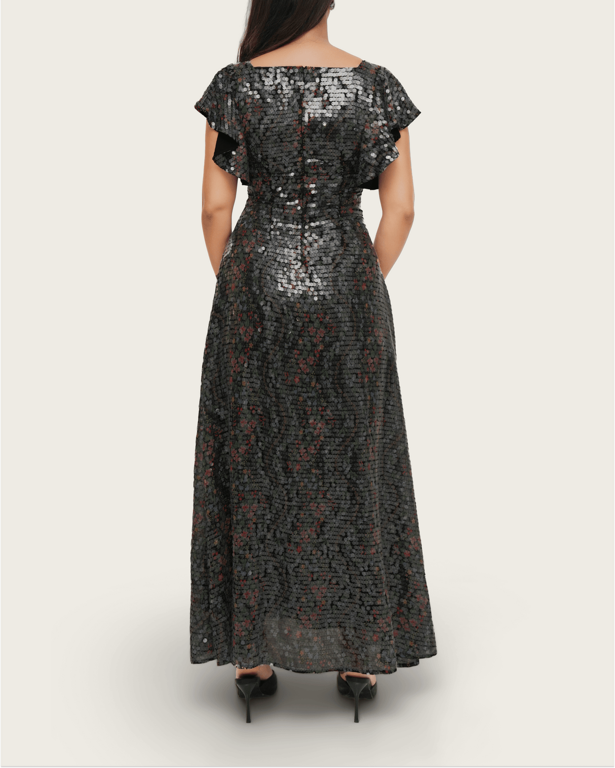 Black Floral Sequin Maxi Dress with Flutter Sleeves - Noētic
