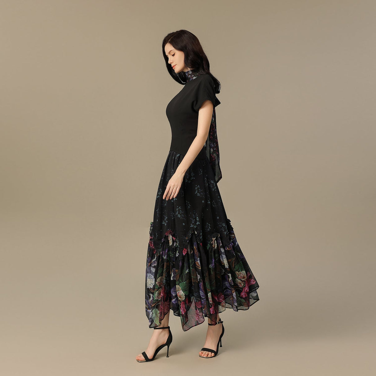Black Maxi Crepe Dress with Floral Chiffon Skirt and Back Scarf - Noētic