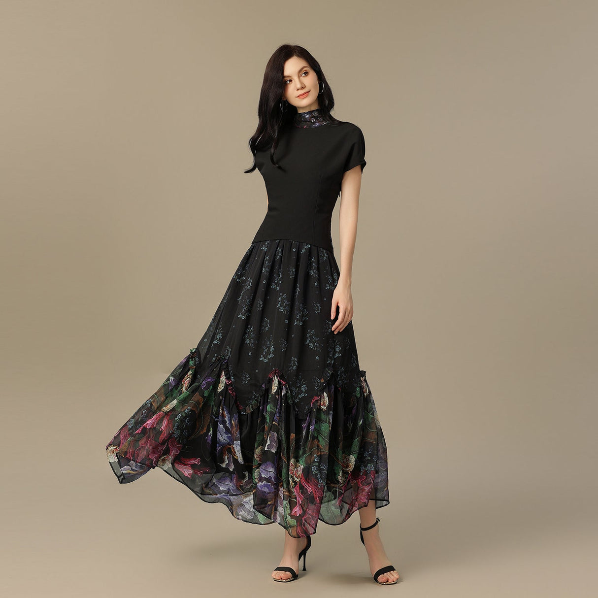 Black Maxi Crepe Dress with Floral Chiffon Skirt and Back Scarf - Noētic