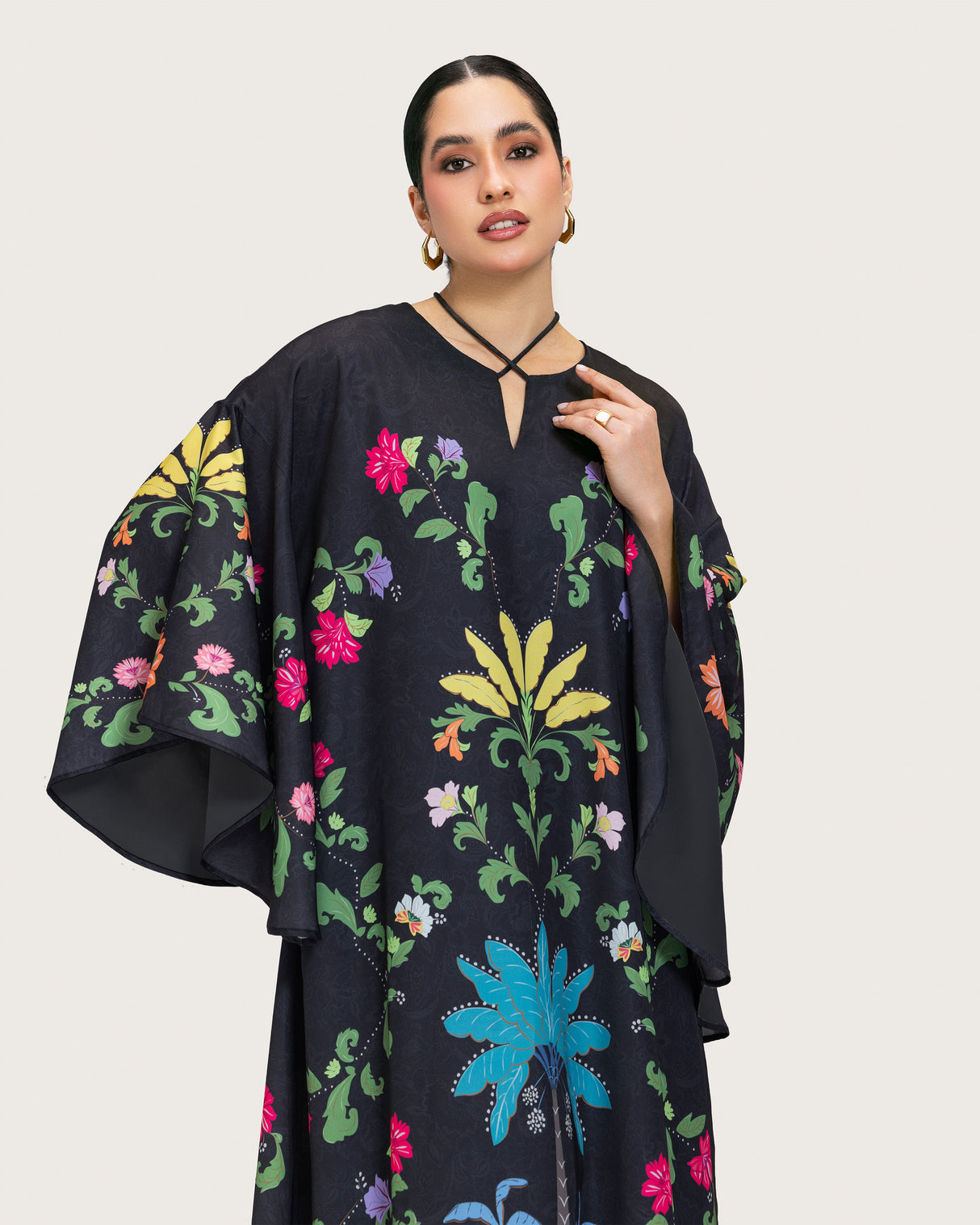 Black Printed Maxi Kaftan Dress with Beaded Tassel - Noētic