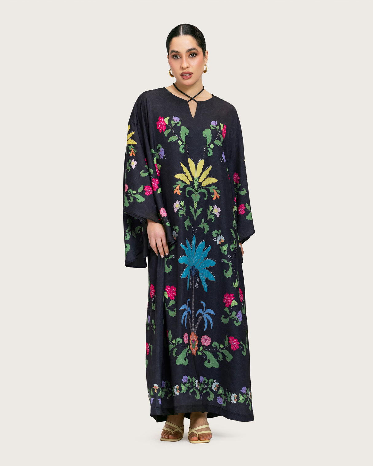 Black Printed Maxi Kaftan Dress with Beaded Tassel - Noētic