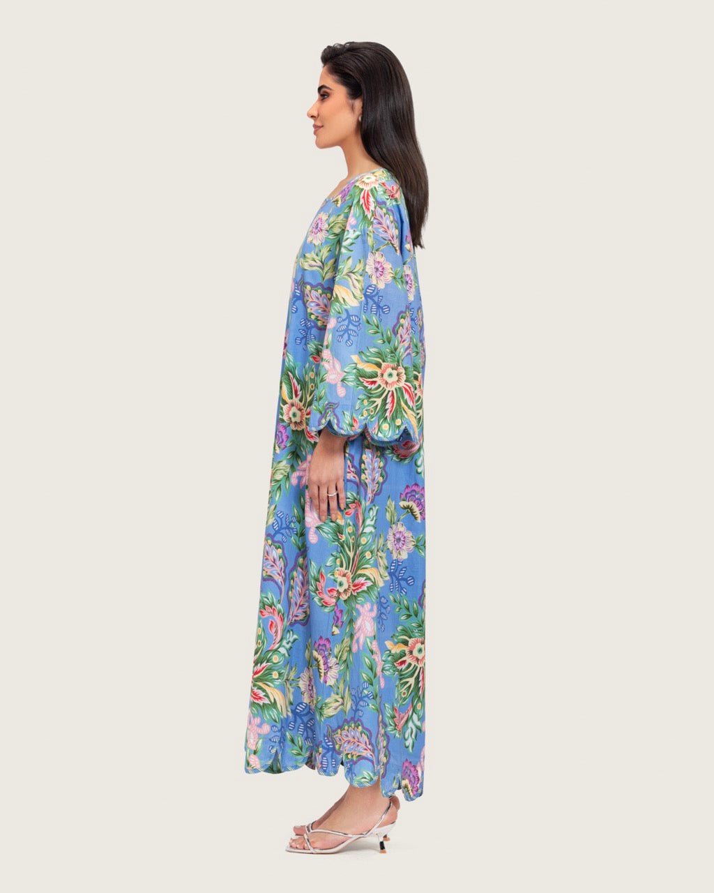 Blue Floral Maxi Dress with Square Neckline - Noētic