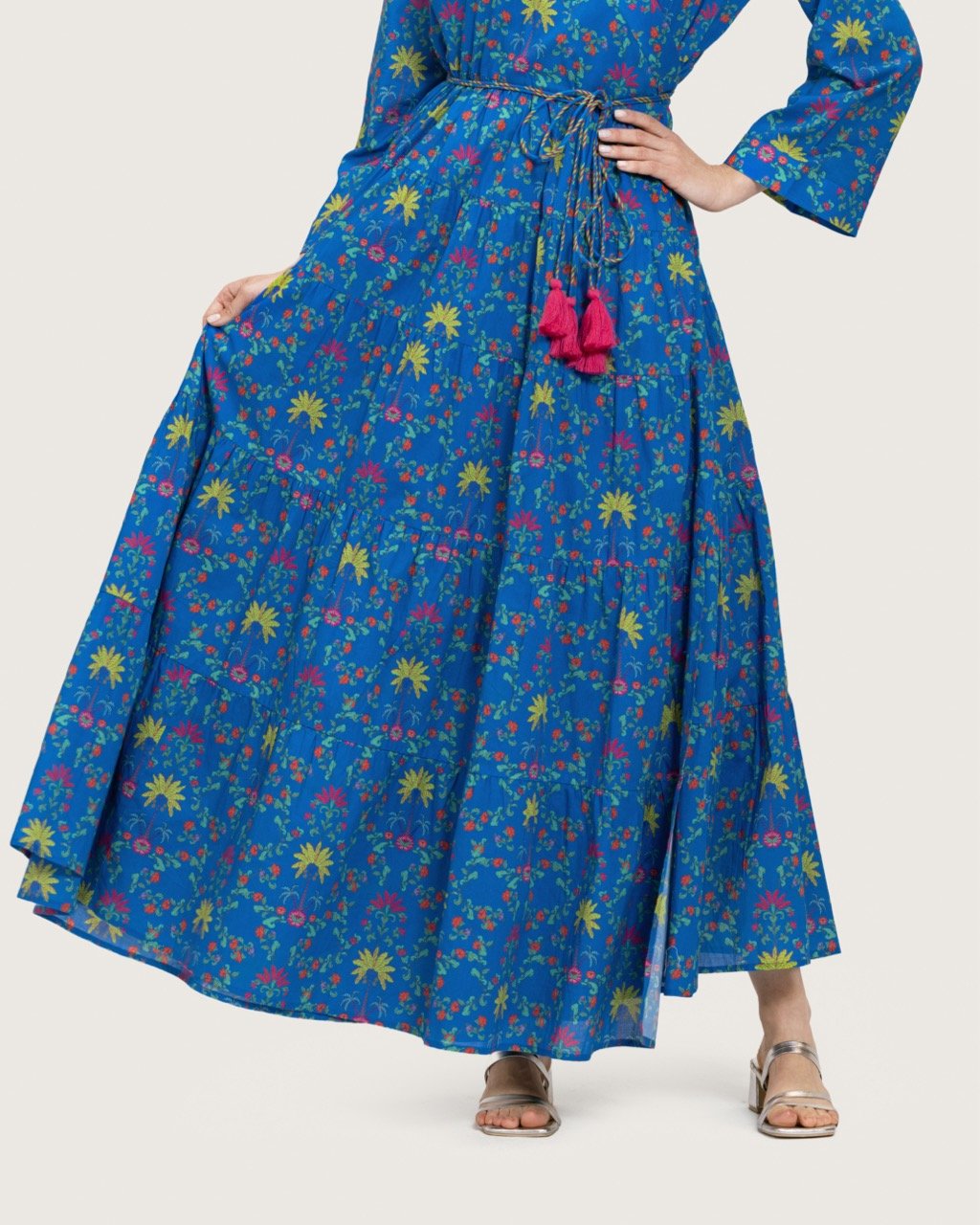Blue Printed Maxi Wrap Dress with Belt & Tassel Details - Noētic