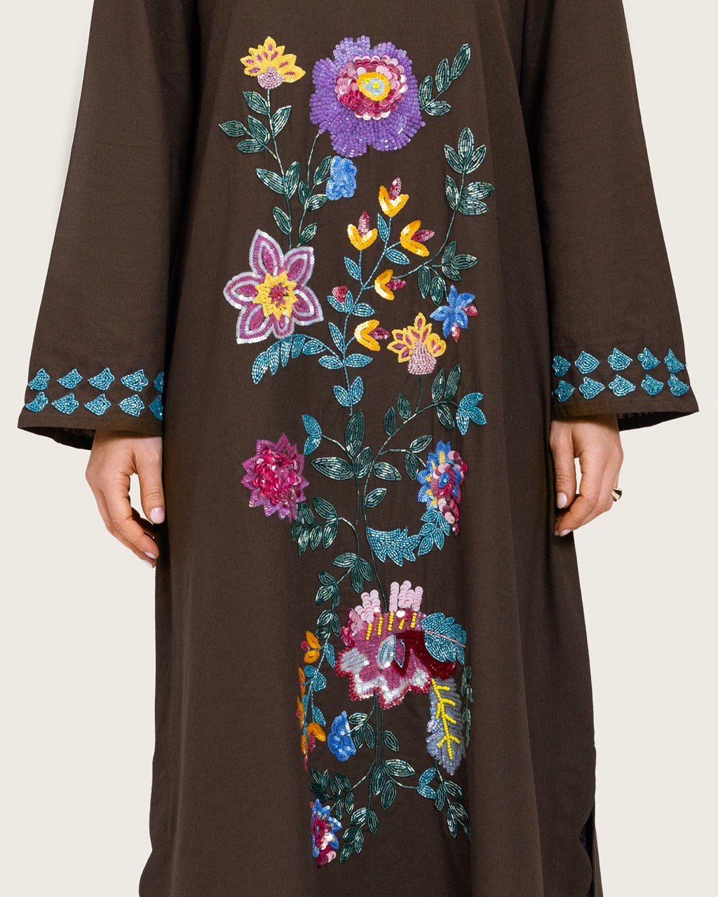 Brown Linen Kaftan with Hand Embellishments and Scalloped Edges - Noētic
