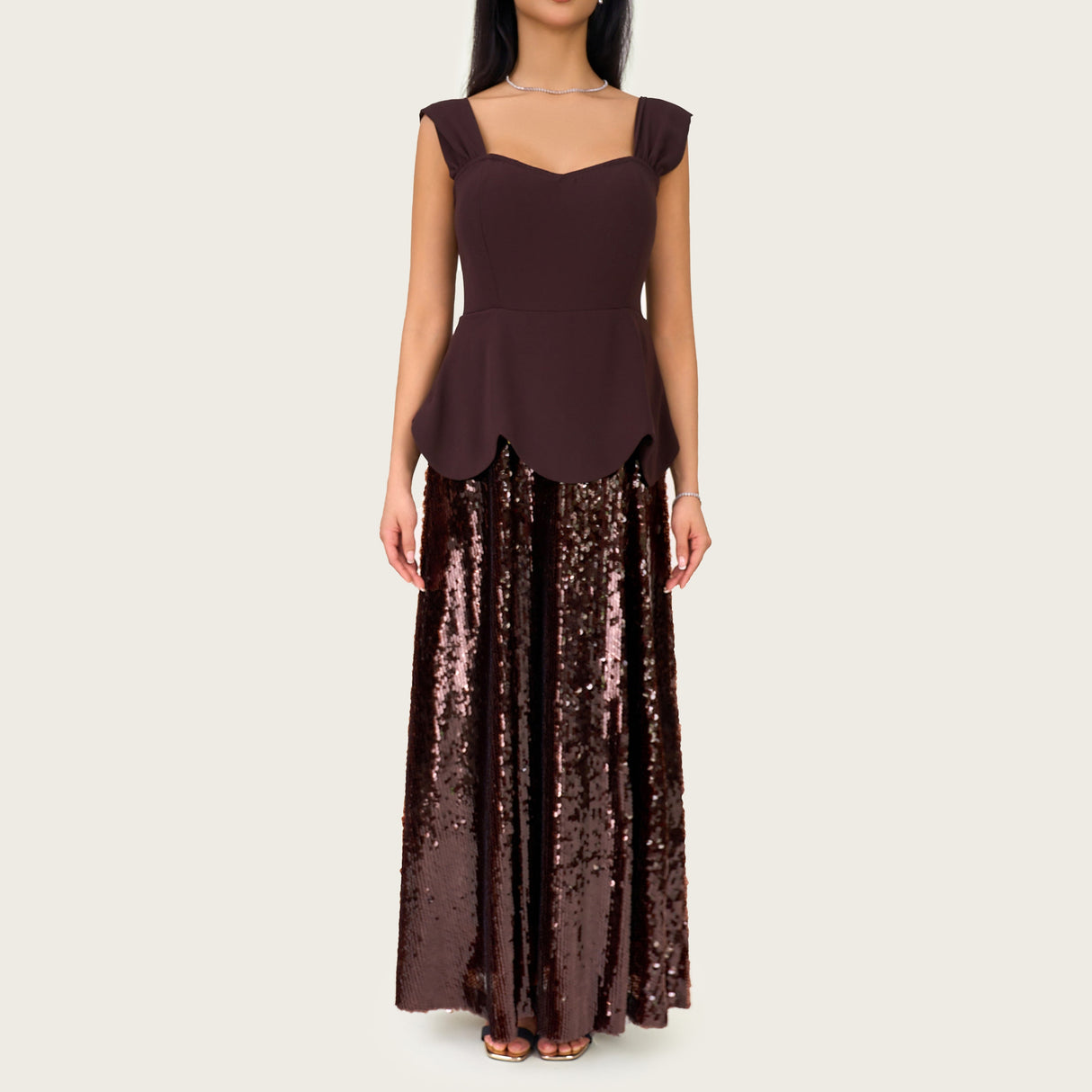 Chocolate Brown Peplum Evening Dress with Sequin Maxi Skirt - Noētic