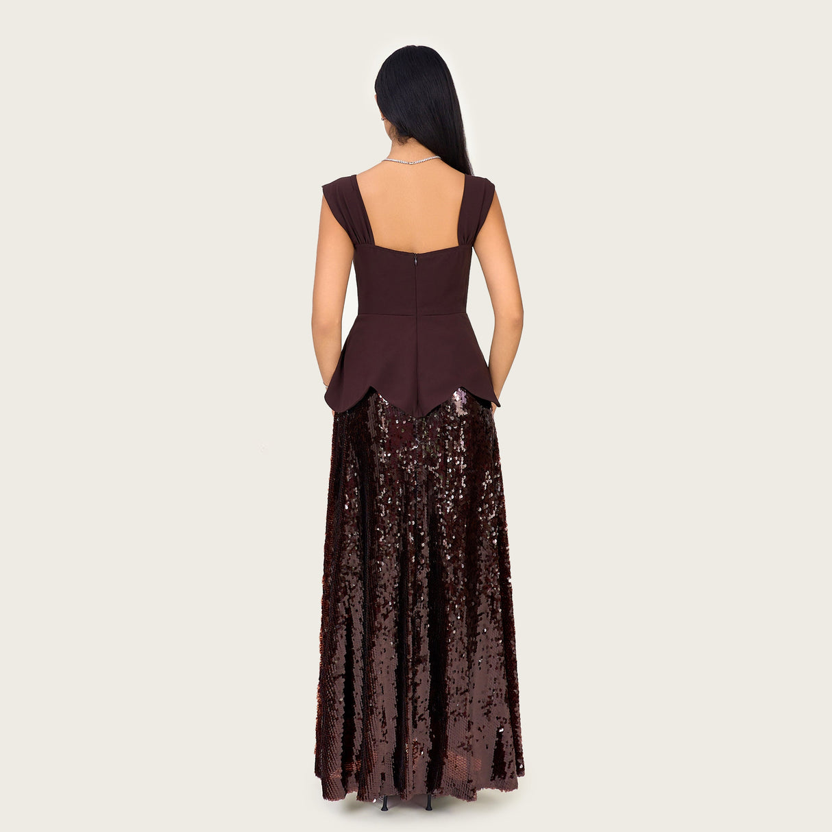 Chocolate Brown Peplum Evening Dress with Sequin Maxi Skirt - Noētic