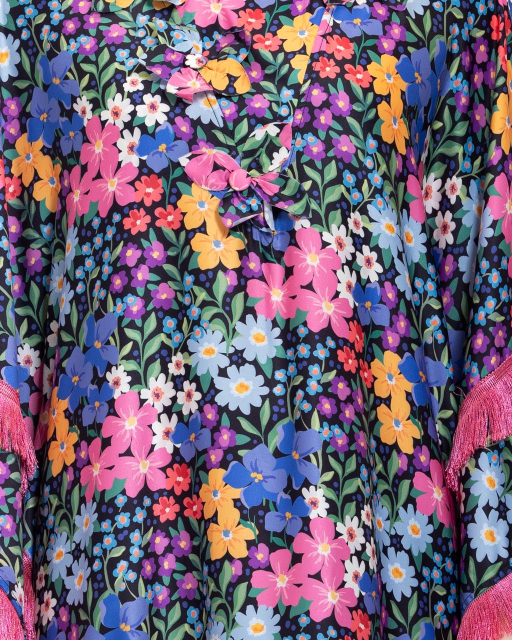 Colorful Satin Printed Dress with Fringes & 3D Floral Details - Noētic