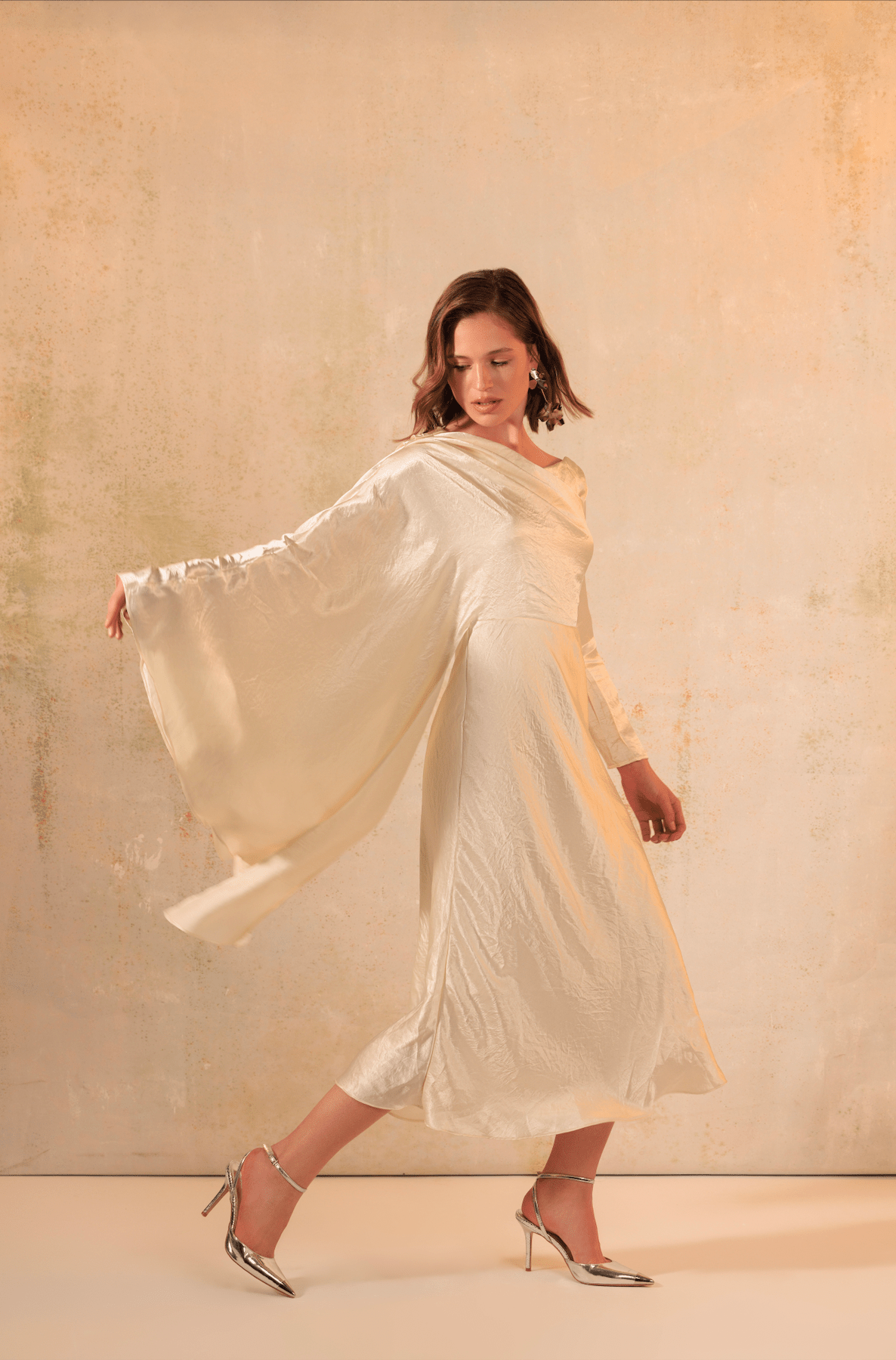 Cream Crinkled Satin Asymmetric Cape Sleeve Dress - Noētic