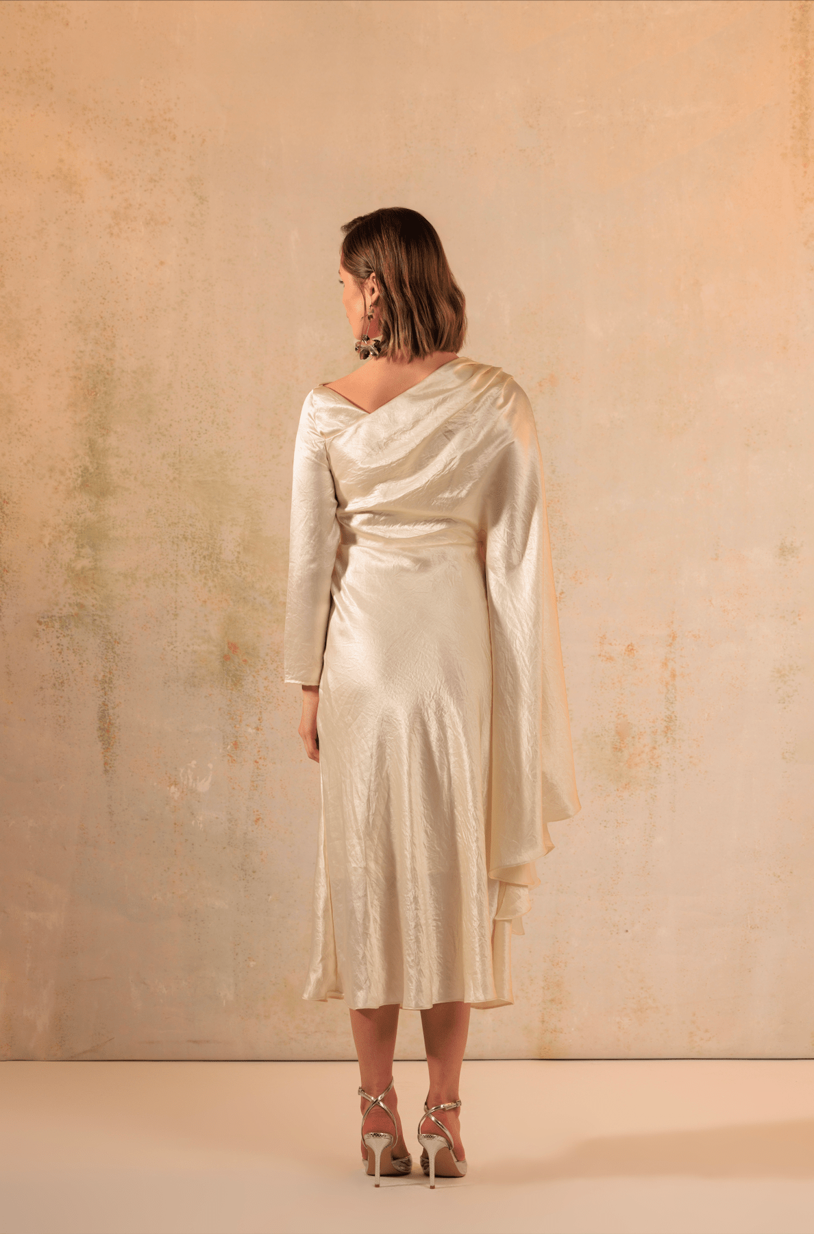 Cream Crinkled Satin Asymmetric Cape Sleeve Dress - Noētic