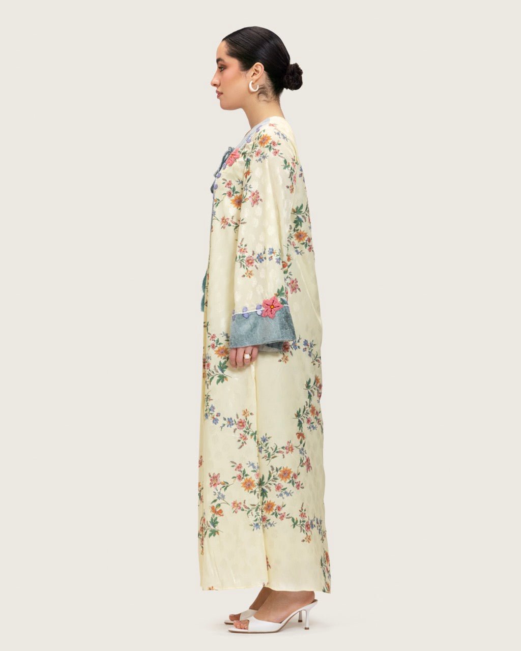 Cream Floral Maxi Kaftan Dress with Embroidery & Front Tie - Noētic