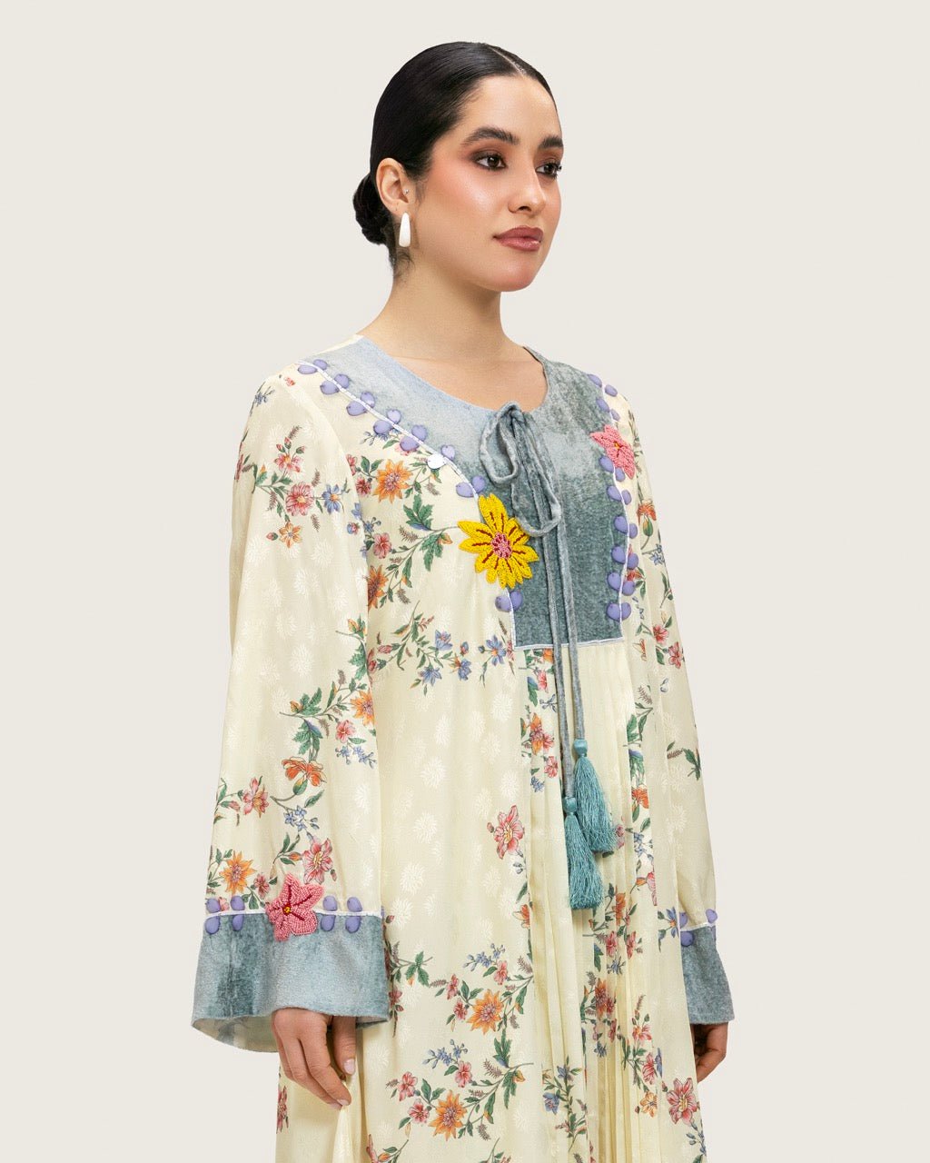 Cream Floral Maxi Kaftan Dress with Embroidery & Front Tie - Noētic